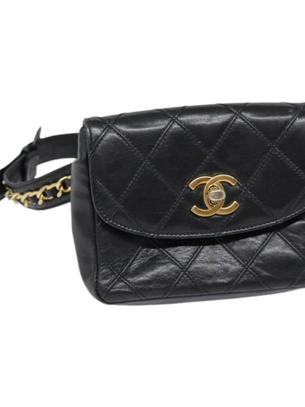 CHANEL Bicolore Turn Lock Chain Waist bag Leather Black Gold CC Auth yk14627